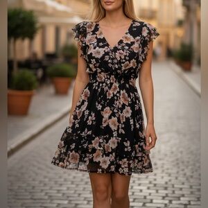 American Rag Black Floral Ruffle Dress Boho Romantic Flowy Mini Elastic Waist XL